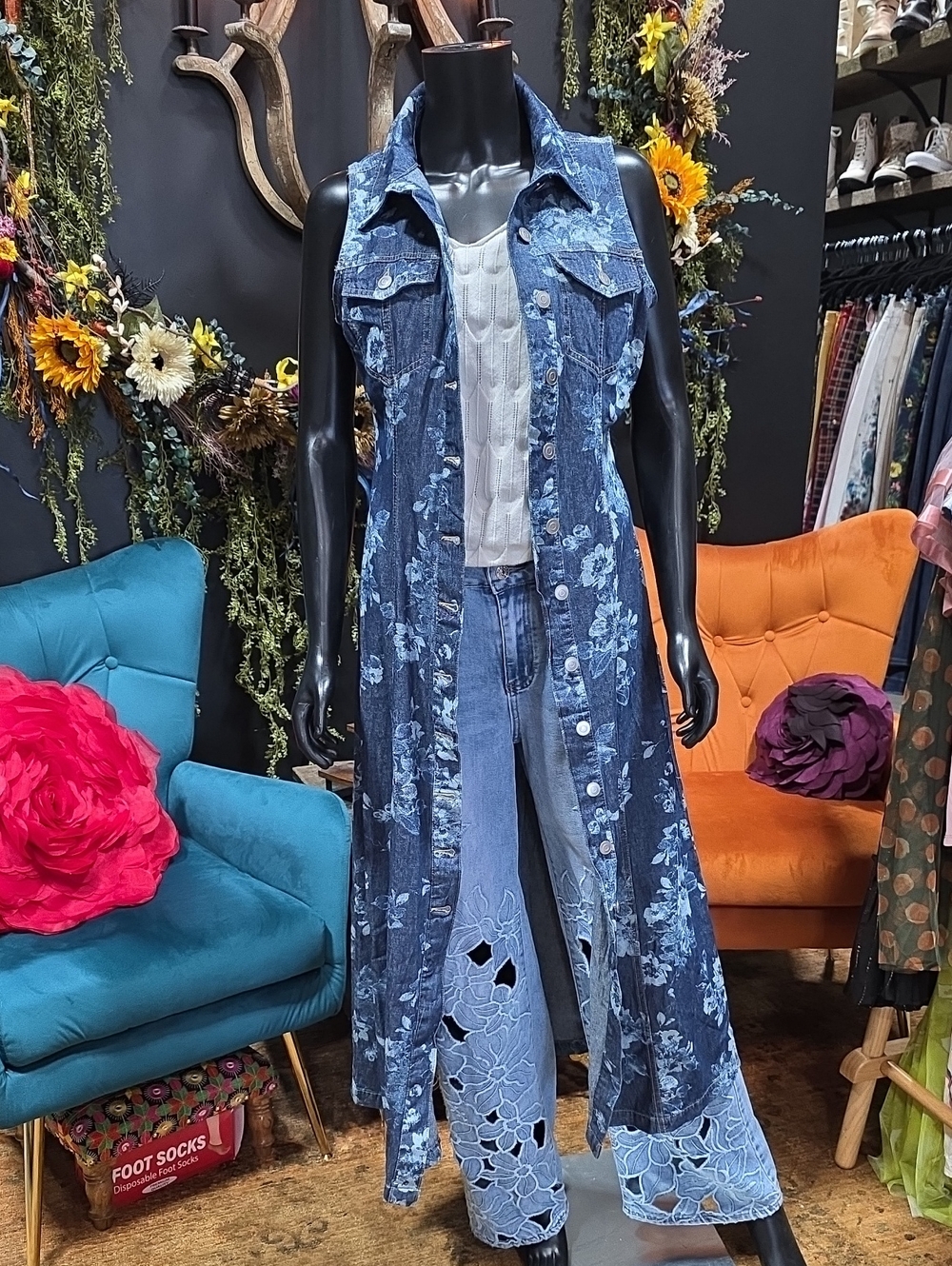 Blue Denim Floral Maxi Vest Duster or Maxi Button Down Dress
